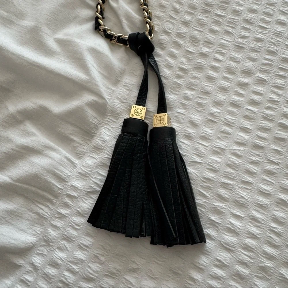 Tory Burch Thea Black Leather Crossbody Bag with Chain Strap and tassel